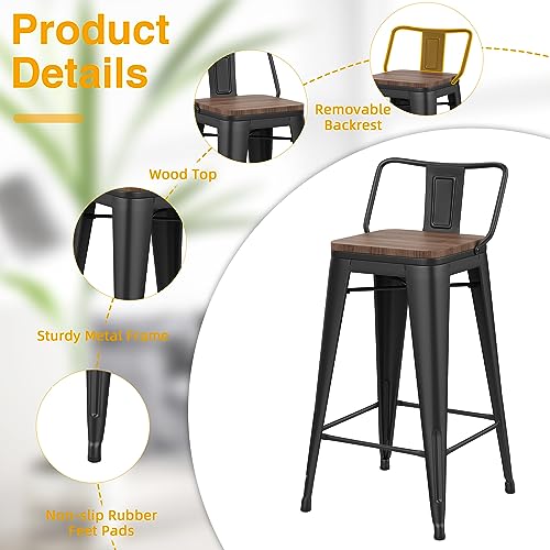 Image of Yongchuang 30 inch Bar Stools Set of 4 Bar Height Metal Barstools with Wood Seat Low Back Kitchen Bar Chairs Matte Black