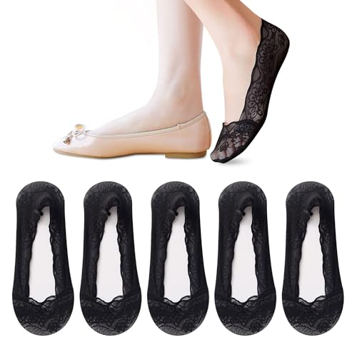 Image of 5 Pairs Low Cut Lace Socks - Ice Silk Thin No Show Non-Skid Boat Socks for Women & Girls