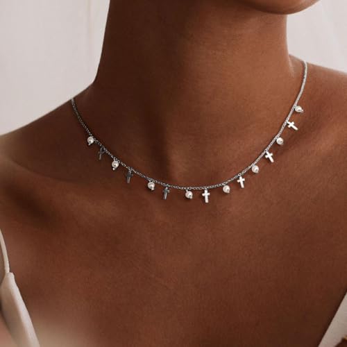Gold Cross Charm Choker Necklace For Women Pearl Silver Chain Dainty Trendy Small Pendant Necklaces Non Tarnish Gemstone 18K Jewelry3