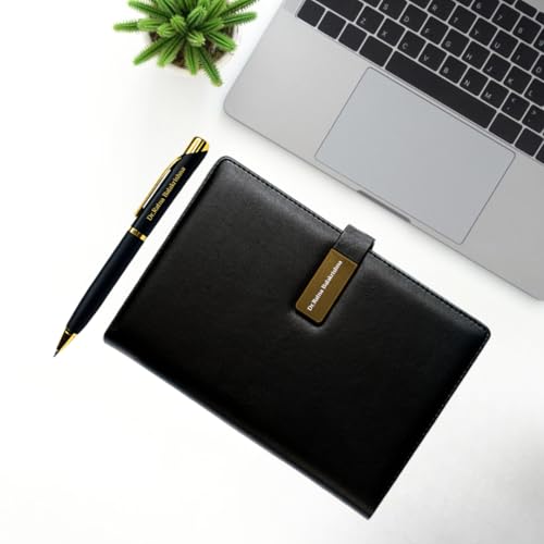 Image of Giftana Personalized Desk Organizer with Notebook Diary Pen with Name, Customized Employee Welcome Kit, Personalised Gift for Doctors, 3 in 1 Customised Diwali Corporate Gift Set for Employee (Black,Golden)
