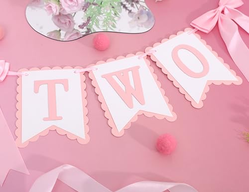 Image of Bow Two Birthday High Chair Banner,Pink Bow 2nd Party Decoration | Coquette Two High Chair Banner,Coquette 2nd Birthday Photo Prop