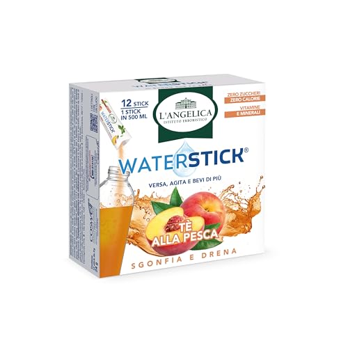 L'Angelica, Waterstick, Gusto Tè Alla Pesca, Sgonfia e Drena, Con Vitamine, Minerali, Contro Stanchezza e Affaticamento, Zero Zuccheri & Calorie, Senza Conservanti, 1 Astuccio da 12 Stick