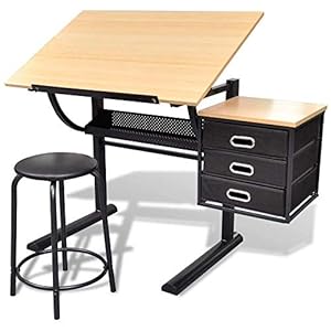 Tekentafel met 3 Lades en Kruk, Hoogte Verstelbare Tekentafel Drawing Table voor Architecten Engineering Fine Art Office, 90 * 60 * 74 cm