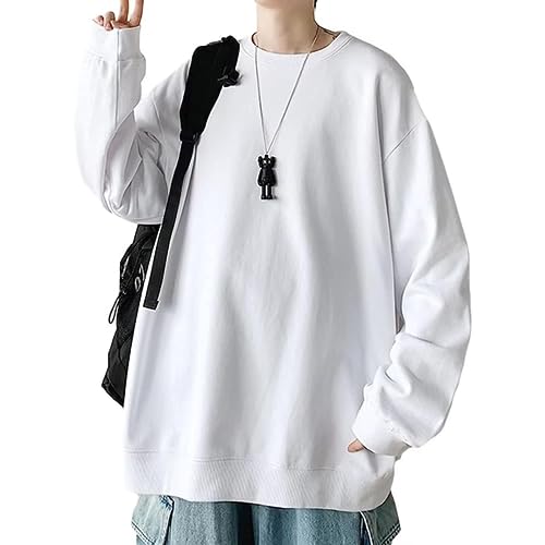 [iEndyCn] パーカー メンズ ビッグシルエット オーバーサイズ スウェットパーカー 春秋 丸首 トレーナー ゆったり 長袖 トップス フードなし 男女兼用 無地 シンプル 柔らかい 上着 アウター オーバーサイズ S～2XL (L,ホワイト)