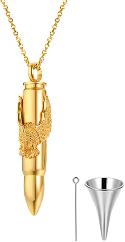 14K Gold Bullet Urn Necklace for Ashes 10K/14K/18K Real Gold America Eagle Cremation Necklace for Women Keepsake Memorial Ashes Holder for Her Ladies Men Pet