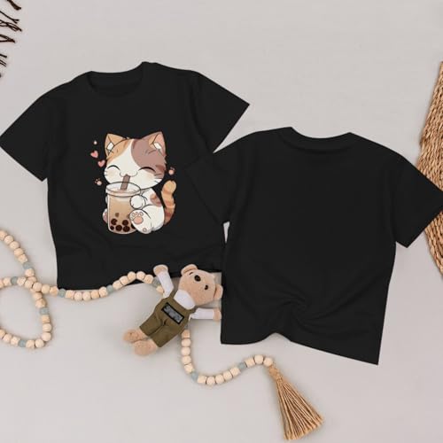 Image of KEEVICI Cute Cat Shirts for Girls Graphic Tees Bubble Tea Tshirt Kids Kawaii Cartoon Animal Print T Shirt Summer Cotton Tops
