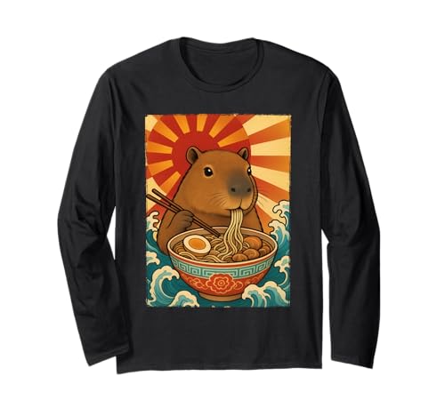 Kawaii Capybara Mangeant des Nouilles Ramen Art Japonais Anime Manche Longue