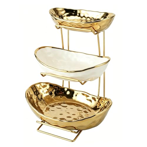 3 Tier Ceramic Fruit Bowl for Kitchen Counter with Metal Rack Fruit Basket with Stand Porcelain Bowls for Vegetable Bread Candy Snack Nuts Dessert Cake Tray (Gold 3 Layer)