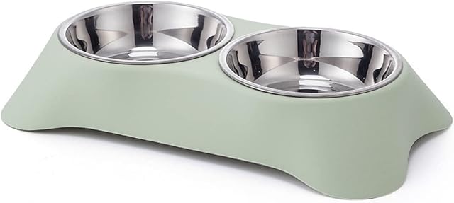 Fuwok Double Dog Bowl,Non Slip Stainless Steel Double Bowl with Non-spill For Small Dogs and Cats (S, Green)