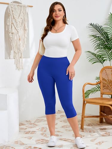 AusLook Plus Size Capri Leggings for Women with Pockets High Waisted Tummy Control Cropped Royal Blue 4X Leggings Buttery Soft Stretch Casual Lounge Workout Pants — view 3