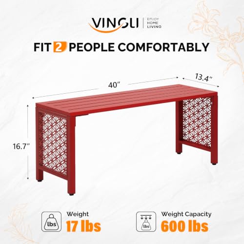 Image of VINGLI 40in Outdoor Metal Bench, All-Weathe Backless Patio Bench with Slatted Seat＆Floral Side Panels, Rust-Resistant Garden Bench, Weatherproof Outdoor Seating for Porch Entryway Backyard (Red)