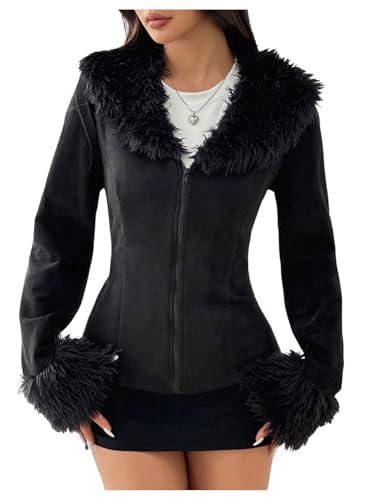 WDIRARA Women's Faux Fur Collar Zip Up Jacket Long Sleeve Suede Jacket Outerwear Black Small