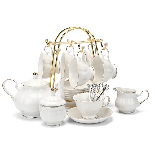 CHENP.HMC Tea Set 22-Piece Porcelain Ceramic Coffee Tea Gift Sets Cups Saucer Service for 6 Teapot Sugar Bowl Creamer Pitcher and Teaspoons (WHITE3)