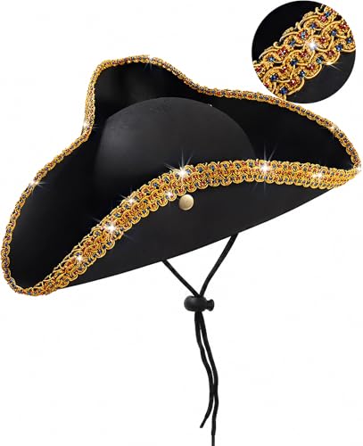 TideTaho Revolutionary War Tricorn Hat - Adjustable Chin Strap Fits a Wide Range Of Head Sizes for Pirate George Washington Paul Revere Costume for Reenactment