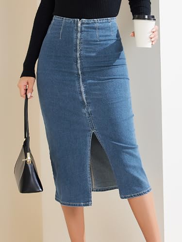 Allegra K Casual Denim Skirt for Women's Front Slit Zipper High Waist Bodycon Midi Jean Skirt4
