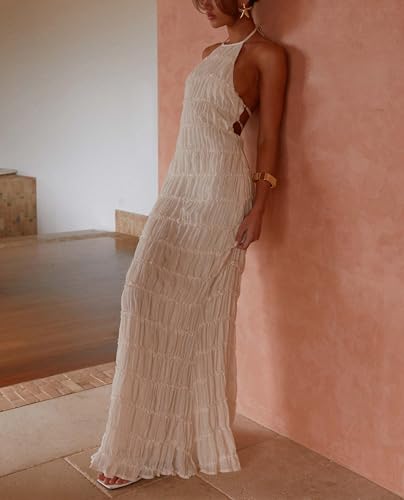 Flowy Boho Beach Dress for Women Halter Backless Smocked Vacation Long Dress Sexy Off Shoulder Resort Maxi Sundress4