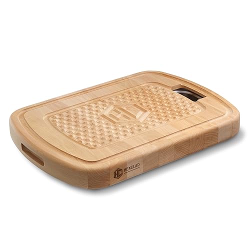 HexClad Hybrid Large Beechwood Carving and Cutting Board with Stainless Steel Drip Tray Carrying Handle and Juice Trenches Double-Sided