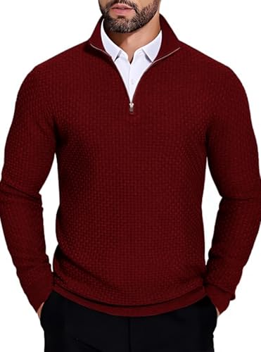 Image of TYSORT Men High Neck Zipper Full Sleeve Waffle Knitted Winter Sweater,Waffle Knit Sweater for Men