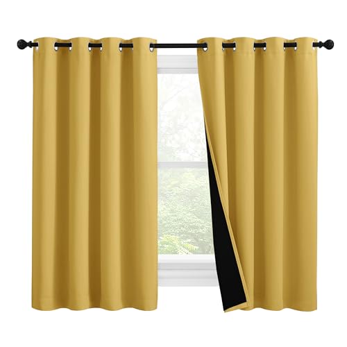 Image of NICETOWN 100% Blackout Curtains with Black Liners, Thermal Insulated Full Blackout 2-Layer Lined Drapes, Noise Cancellation Window Draperies for Dining Room (Bright Yellow, 2 Panels, 55 inch W by 57 inch L)