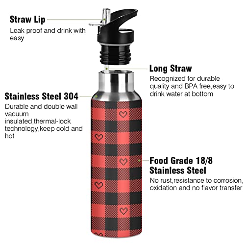 Wusikd Buffalo Plaid Hearts Sport Water Bottle With Straw Lid Double Wall Thermos Bottle Vacuum Insulated Flask Stainless Steel Water Bottle For Gym Outdoor 20 Oz thumb #2