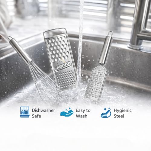 Image of Stainless Steel Kitchen Tool Set 3 Pieces with Flat Grater, Handheld Cheese & Vegetable Grater and Egg Whisk Beater, Durable Rust Resistant Cooking Tools for Kitchen, Easy to Clean, Strong Grip Handle