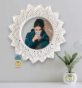 NOBEL HANDICRAFT | Macrame Hanging Wall Mirror with Macrame Round Mirror Decors for Livingroom, Bathroom, Bedroom in Bohemian [ NHM02 ] Off-White