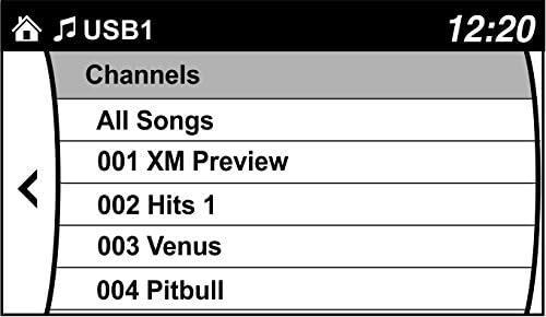 Screenshot of a car radio display showing a 'Channels' menu with options like 'All Songs', 'XM Preview', 'Hits 1', 'Venus', and 'Pitbull'.