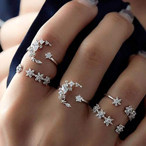 Crysly Boho Mid Knuckle Rings Silver Joint Finger Ring Moon Crystal Stacking Rings Set for Women and Girls(5 PCS)