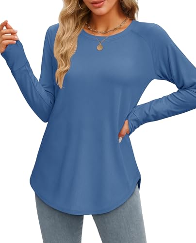 YUCOLEN Womens Long Sleeve Thumb Hole Shirts Long Tunic Tops for Leggings Basic Loose Tees with Crew Neck Curved Hem