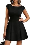 Belle Poque Vestido de verano para mujer, cuello redondo, manga corta, cintura alta, línea A, informal, vestido de boda, vestido de cóctel, Negro , M