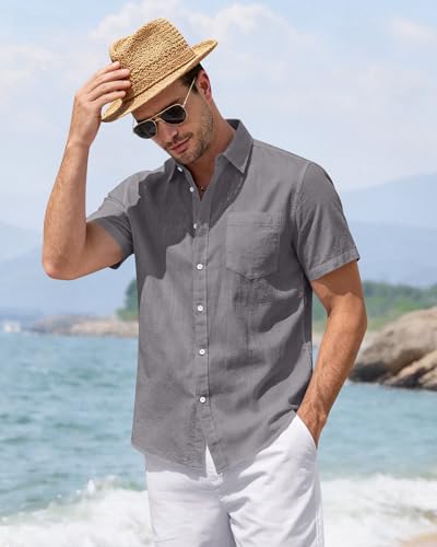 Image of J.VER Mens Linen Shirt Short Sleeve Button Down Casual Summer Shirts | Cotton Linen, Untucked, Big Tall, from Beach Camp Vacation, Cruise Fishing, Work Office, to Wedding Party Family, with Pocket