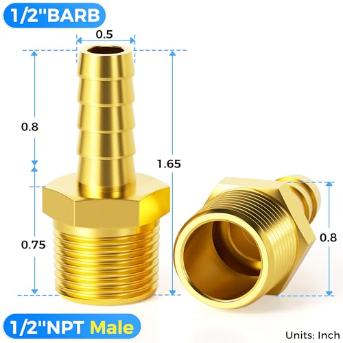 Image of TAILONZ PNEUMATIC Brass Hose Barb Fitting -1 /2 Inch Barb to 1 /2 Inch Male NPT Adapter(Pack of 5)