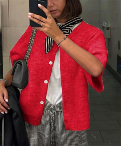 Image of Women Knitted Crop Cardigan Shirt Short Sleeve Button Down Ribbed Knit Crop Top Y2k Girls Outwear Top Tee Shirt