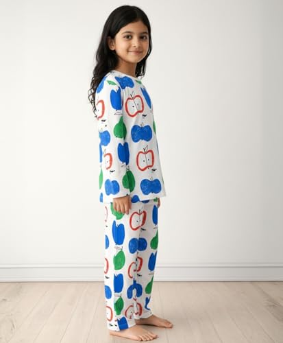 Image of Anthrilo Pajama T-Shirt Set for Girls | Kids Night Suit for Girls | Nightwear | 100% Cotton Pyjama Set Apple Pear Print White | Long Sleeve T-Shirt and Pajama | Kids Girls Sleepwear | 12-13 Years