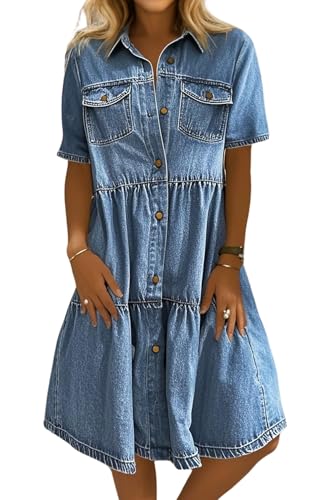 chouyatou Women Summer Casual Button Down Midi Denim Shirt Dress Cute Distressed Tiered Ruffle Jean Dress