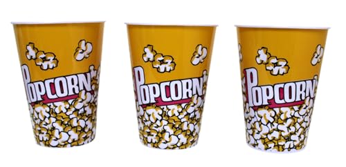 Image of Dependable Industries inc. Essentials 3-Pack Retro Style Plastic Popcorn Containers - 7 inch Tall x 5 inch Top Diameter - Reusable Popcorn Buckets for Movie Nights, Parties, and Snack Time (46198-C)