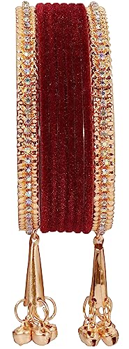 Image of NMII Metal with Zircon Gemstone and Velvet Studded Bells Latkan Bangles Set For Girls and Women I Latkan Bangles, Premium Bangle Bracelet Set I Pack of 16 Bangles