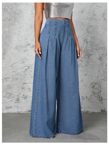 WDIRARA Women's High Waisted Denim Palazzo Pants Pleated Wide Leg Baggy Jeans Pants4