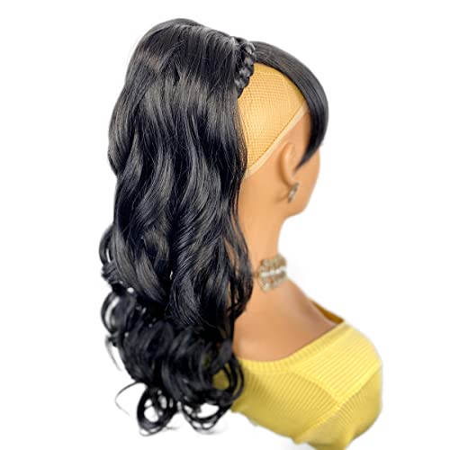 VAVANGA 18inch Loose Deep Curly Ponytail with Bangs, Synthetic Ponytail & Swoop Quick Pony Bang Hair Piece Attached Ponytail Clip in Hair Extension for Black Women(18 Inch, 1B#-JS1621) — view 3