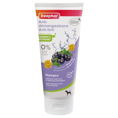 BEAPHAR – Shampoing Anti-Démangeaisons labellisé ECOCERT pour Chien – Contient de l'Aloe Vera, du Millepertuis et du Cassis Bio – pH Neutre – sans...