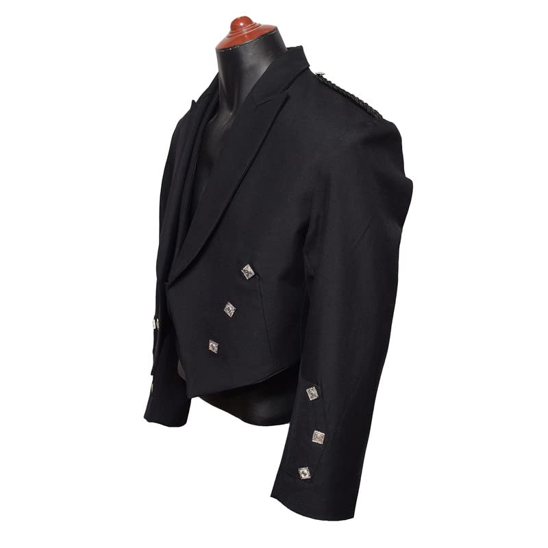 David Rox Premium Quality Slim Fit Lightweight Adjustable Back Strap 100% Real Barathea Wool Fabric Prince Charlie Kilt Jacket with Coatee Vest for Men (Black, Size-38R)3