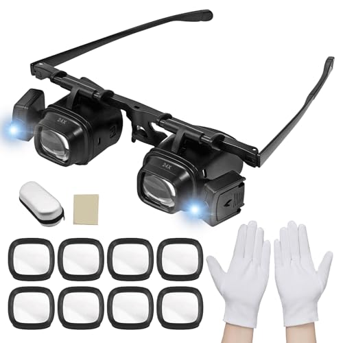 Lupenbrille mit LED-Licht Lupenbrille 2.0X6.0X8.0X12.0X24.0X Kopflupe Lesebrille mit licht Geeignet für Juweliere Nähen Basteln Lesen Hobbys Uhrmacherlupe