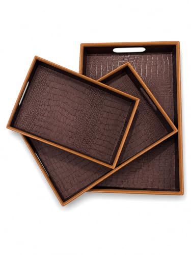 Image of KITCHIVO 3 Pcs Plastic Serving Tray Set with Handle | Multipurpose Tea Snacks Breakfast Tray | Floral Printed Rectangular Serving Trays for Kitchen & Home (Dark Chocolate)