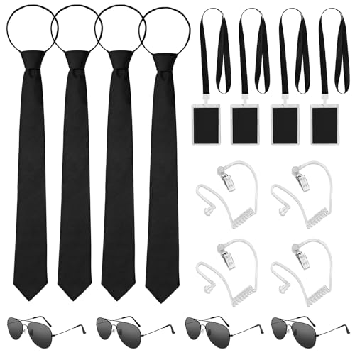 Dreamtop 16 Pcs Agent Costume Set - Secret Security Guard Costume ID Badge Prop with Protective Case Adjustable Tie Earpiece and Black Sunglasses for Halloween Cosplay Party Dress Up