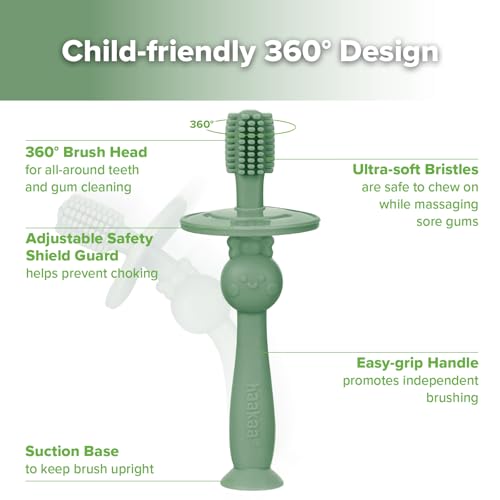 Image of haakaa 360 Baby Toothbrush with Suction Base - Jade | Gentle Cleaning for Infants, Gum Massage, BPA-Free, Food-Grade Silicone, Adjustable Safety Shield, Safe for Babies 6 Months+