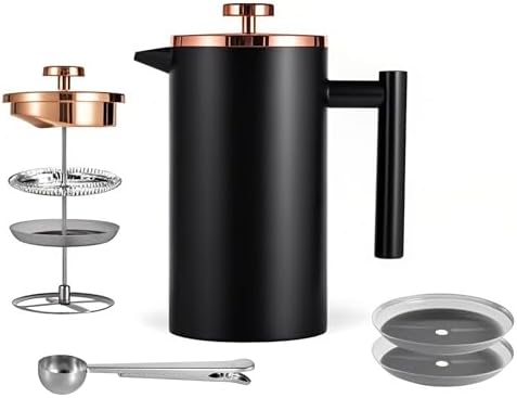 Meelio Small French Press Coffee Maker 350ml/12oz, Black Stainless Steel Double-Wall Insulated, Included 2 Extra Filters and 1 Coffee Spoon (1 Cup)