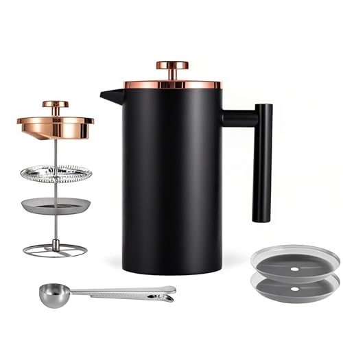 Image of Small French Press Coffee Maker 350ml /12oz, Black Stainless Steel Double-Wall Insulated, Included 2 Extra Filters and 1 Coffee Spoon (1 Cup)