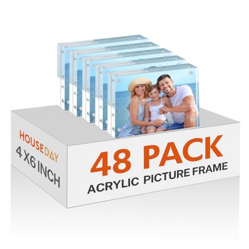Image of HOUSE DAY 48 Pack Acrylic Picture Frames 4x6, 6 Pack Magnetic 4 x 6 Picture Frame, Double Sided Clear 4x6 Photo Frame with Microfiber Cloth, Frameless FreeStanding 4x6 Frame Gift for Desktop Display
