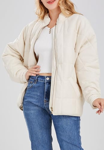 Quilted Jacket for Women Lightweight Coat Full Zip Stand Collar Oversized Dolman Quilted Jackets Loose Warm Winter Outwears4