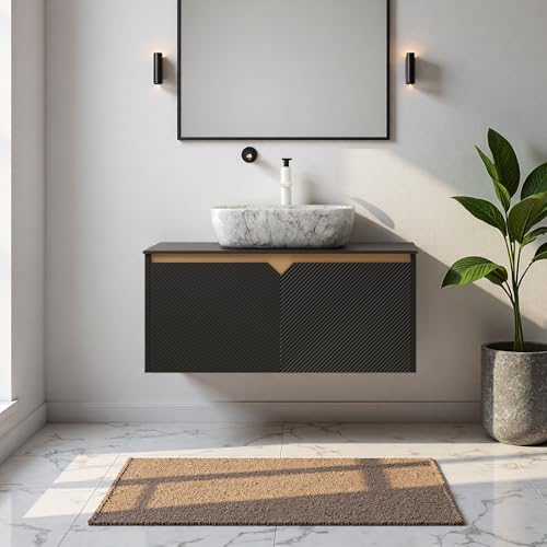 Image of Floating Bathroom Vanity with Sink, 36 inch Bathroom Storage Cabinet with Sintered Stone Countertop & Marble-Pattern Ceramic Basin, Wall-Mounted Vanity with 2 Twill Pattern Doors, Black
